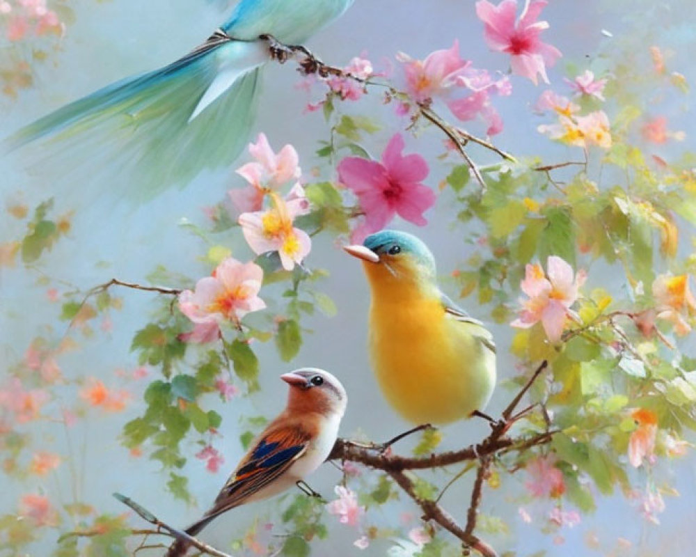 Colorful Birds and Pink Blossoms Artwork featuring Three Birds and Blue Wings