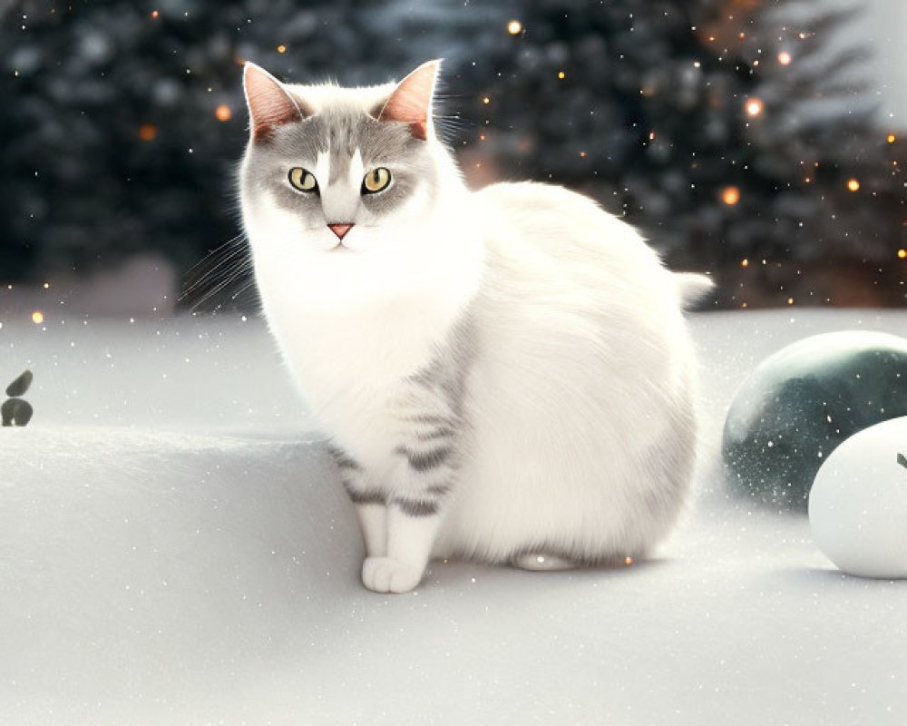 White Cat with Grey Markings and Green Eyes in Snowy Landscape