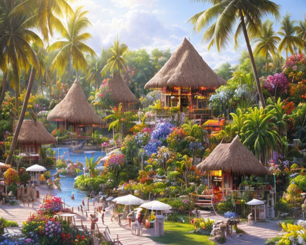 Tropical Resort with Thatched Huts, Pool, Palm Trees, and Gardens