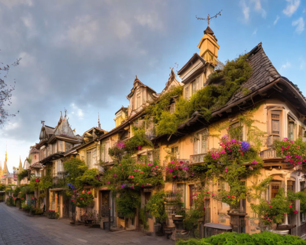 Picturesque cobblestone street with half-timbered buildings and lush greenery at sunset