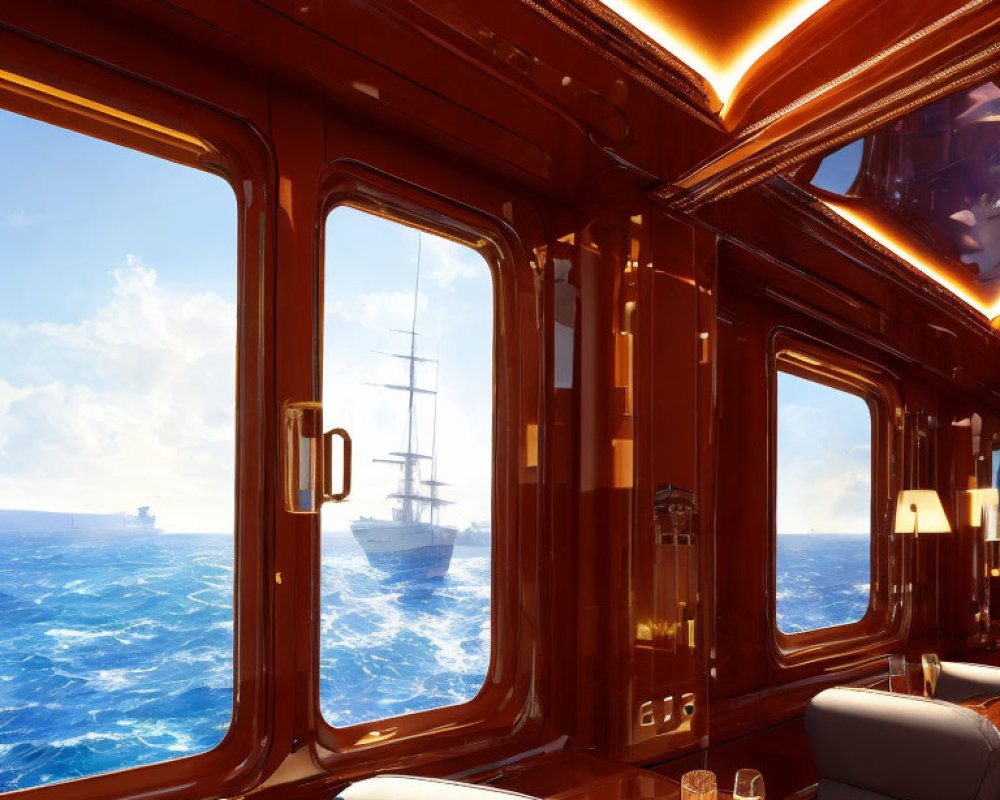 Polished wooden walls and large windows in luxurious yacht interior