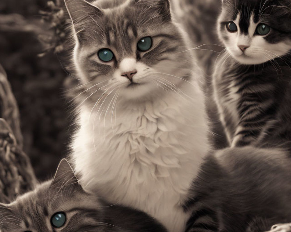 Three cats with striking blue eyes against coarse rope textures