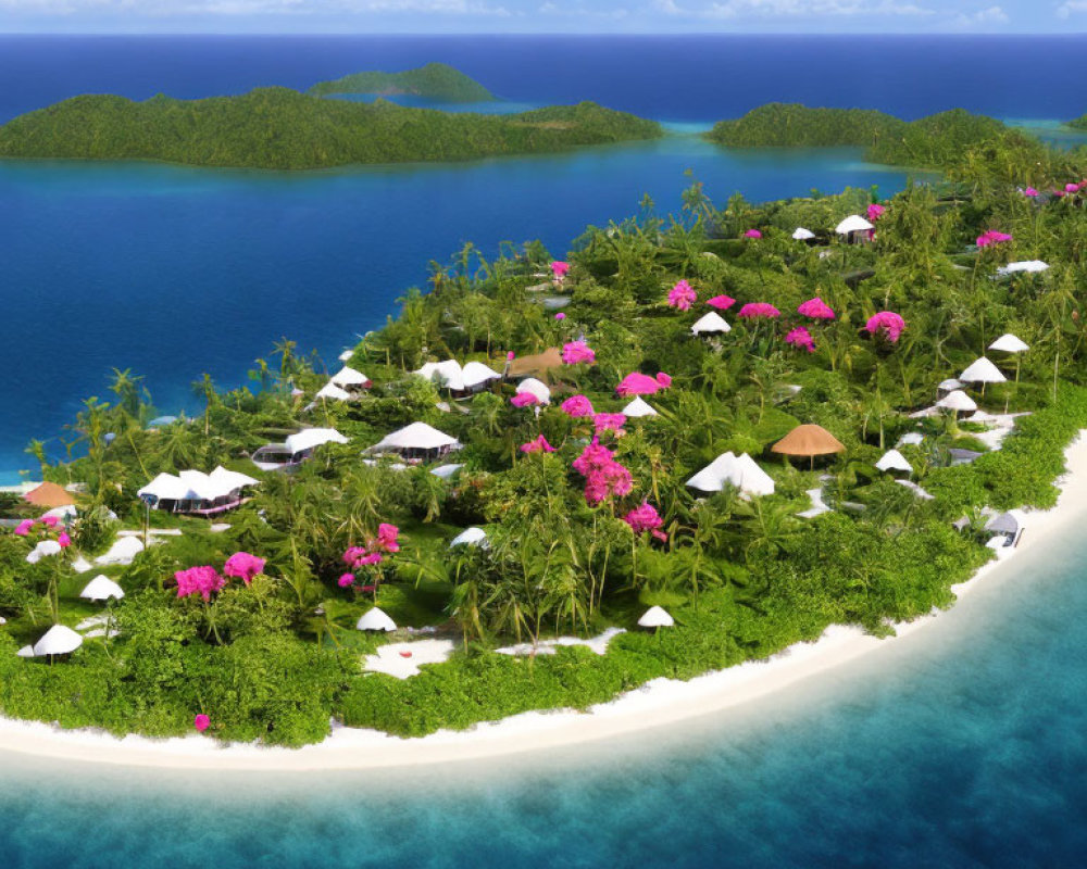 Tropical Island Resort with White Umbrellas, Lush Greenery, Pink Flowers, Crystal Blue Waters