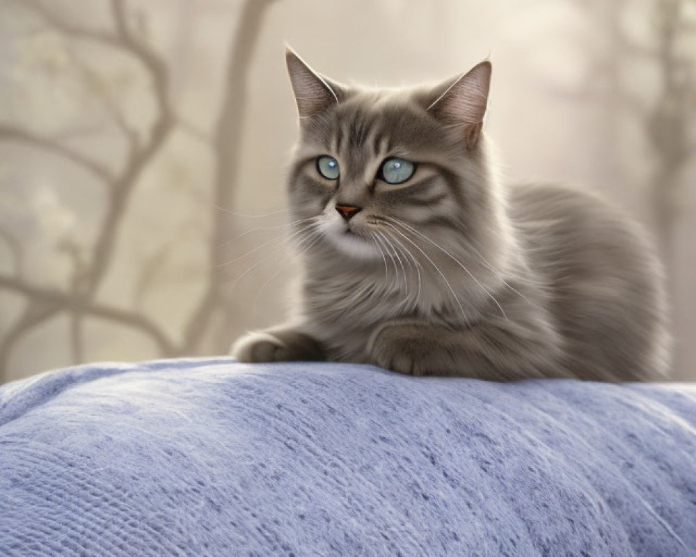 Blue-eyed Cat Relaxing on Purple Knitted Blanket