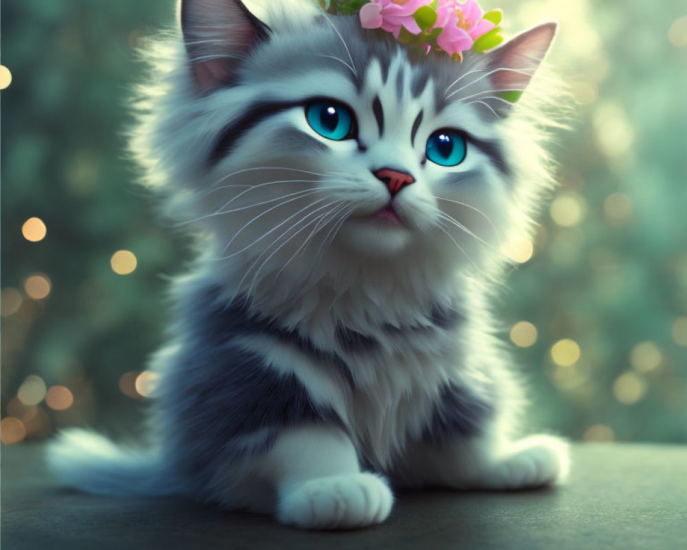 Fluffy Cat with Blue Eyes and Pink Flower Crown on Bokeh Background