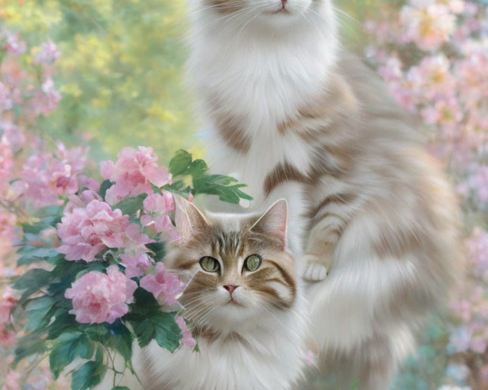 Fluffy cats with matching markings in pink blossom setting