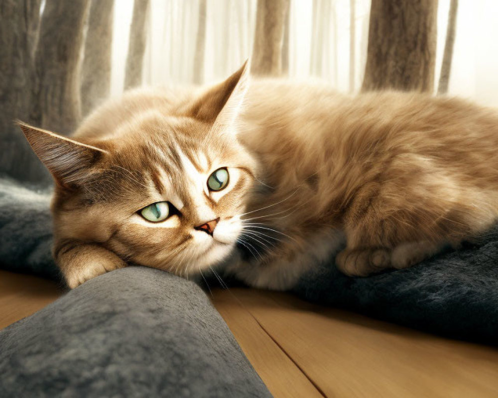 Fluffy light-brown cat with green eyes on grey blanket near sunlight-filtered curtains