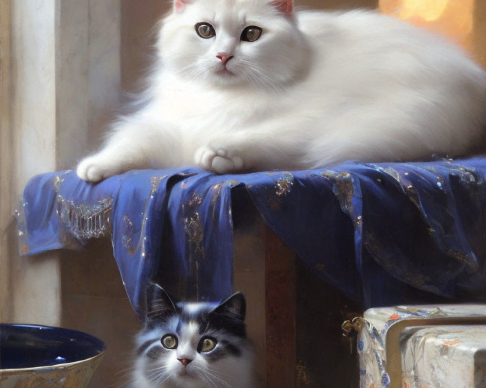 White Fluffy Cat with Piercing Eyes on Blue Fabric with Another Cat Beside Golden Bowl
