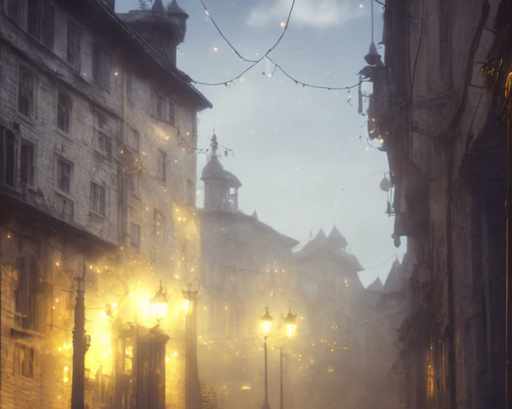 Foggy Street Scene with Vintage Lampposts and Snowflakes