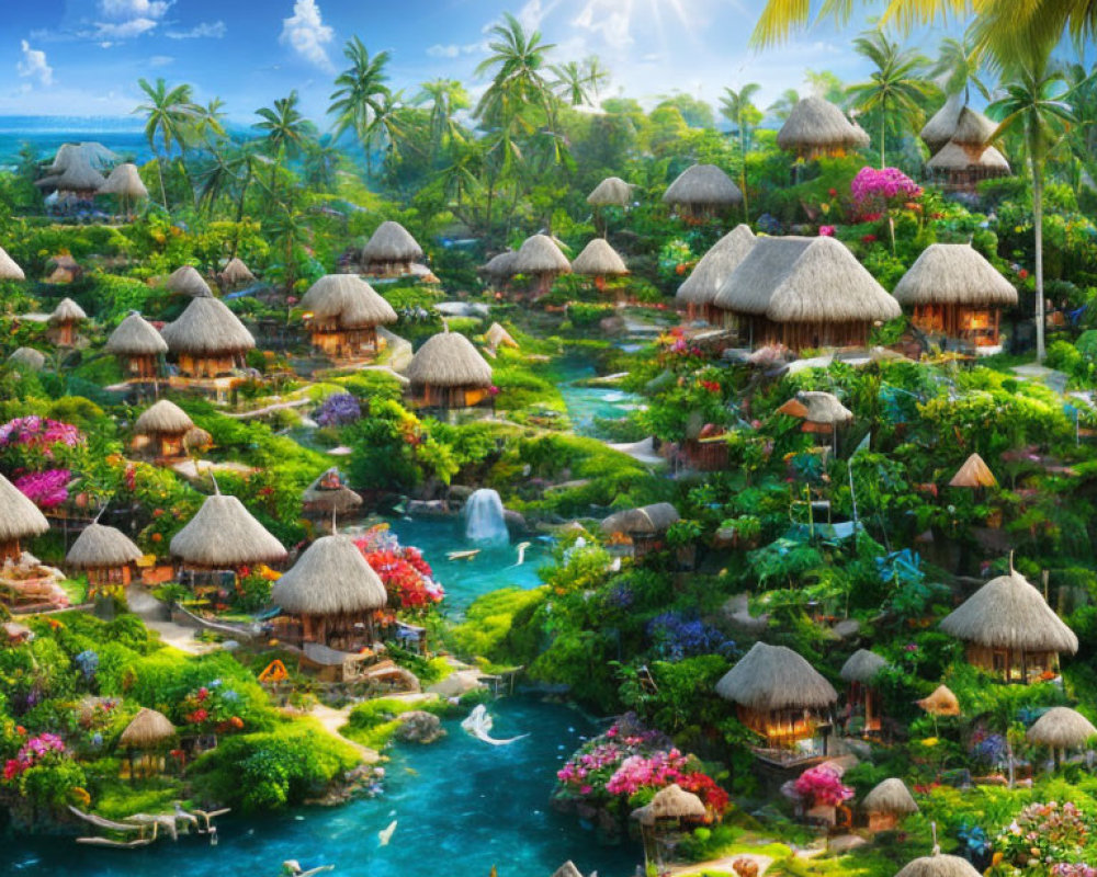 Tropical village with thatched huts, lush greenery, blooming flowers, and blue water