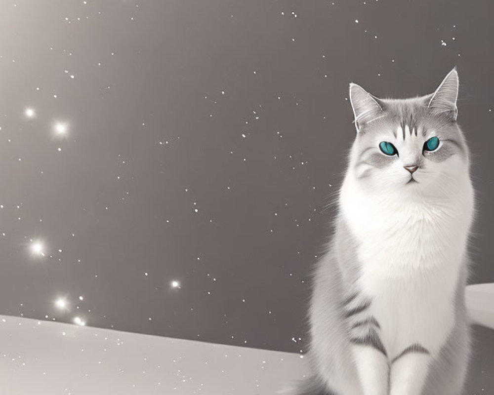 White Cat with Blue Eyes on Starry Grey Background