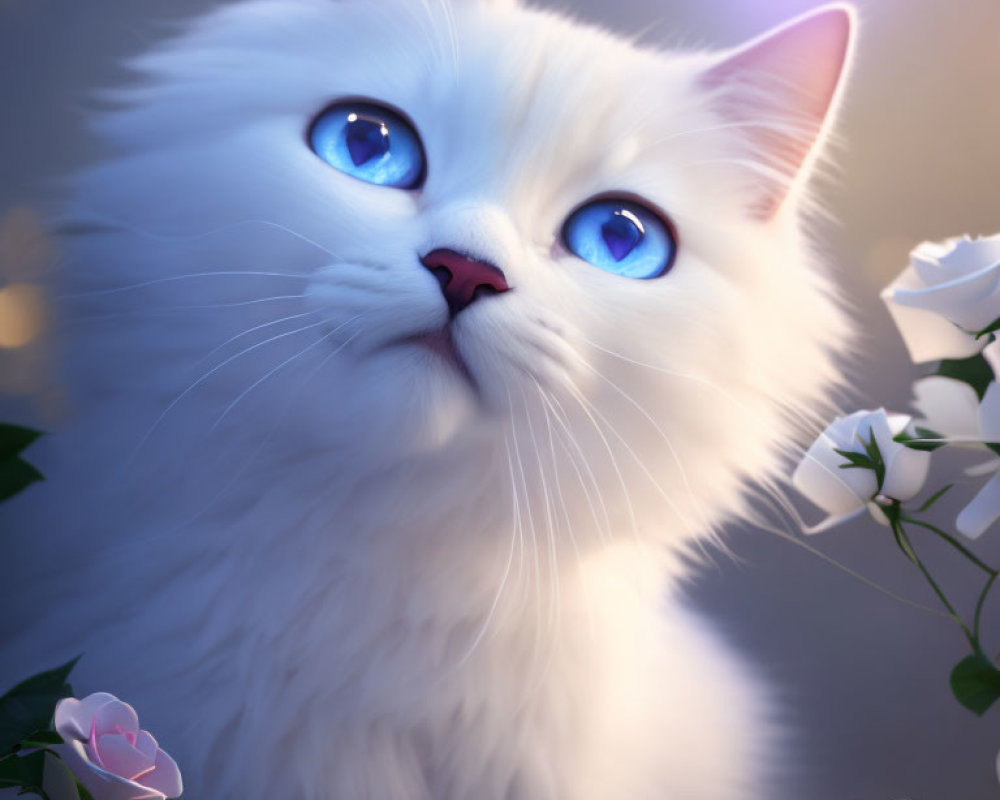 White Cat with Blue Eyes Surrounded by Pink Roses and Soft Glow