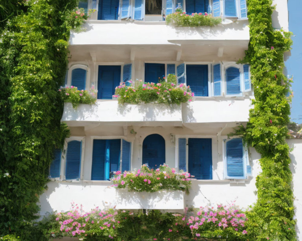 White Building with Blue Shutters, Green Plants, and Pink Flowers on Balconies