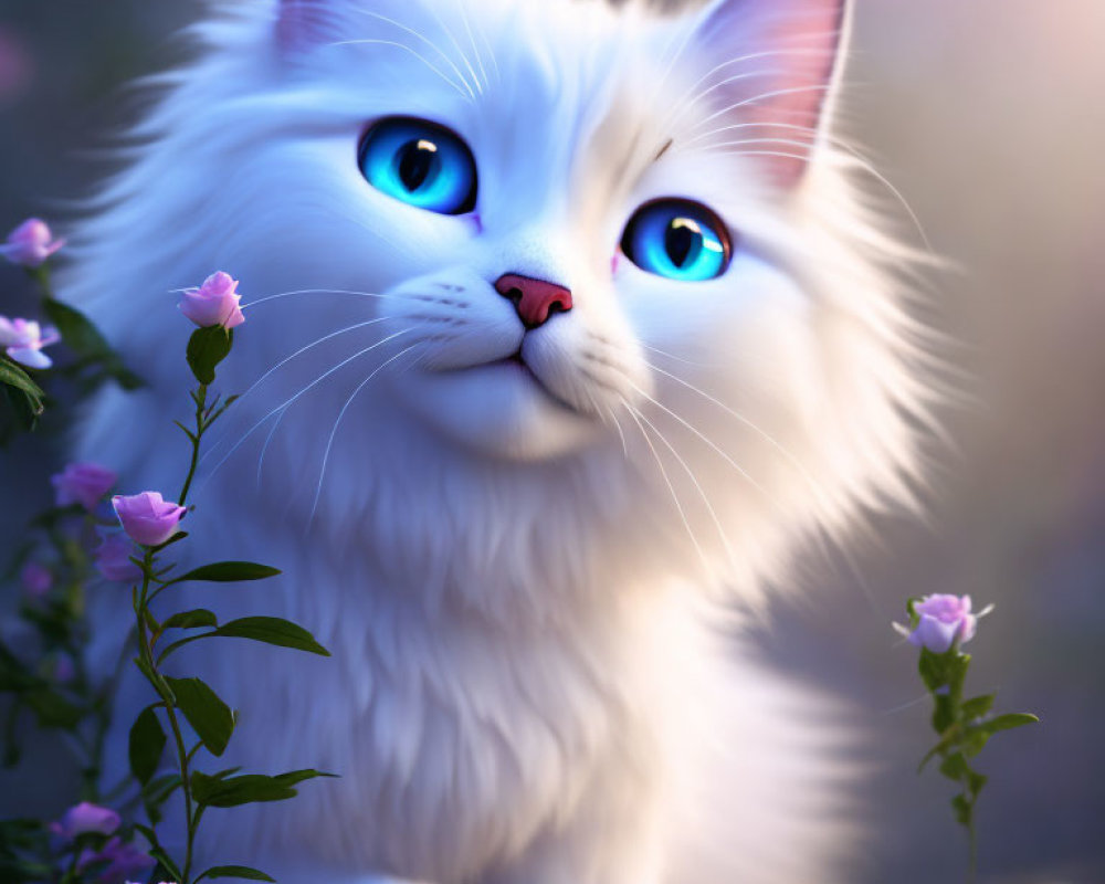 Fluffy white cat with blue eyes in purple flower setting