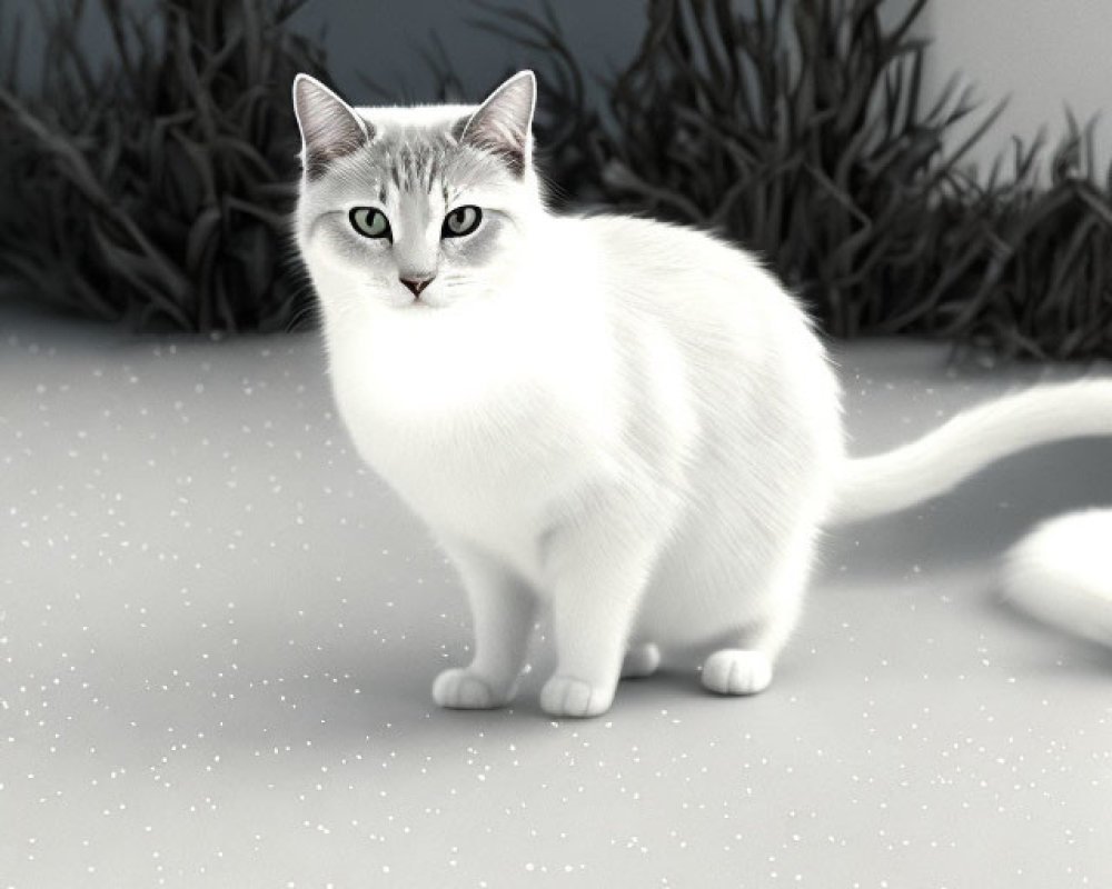 White Cat with Green Eyes in Snowy Winter Scene