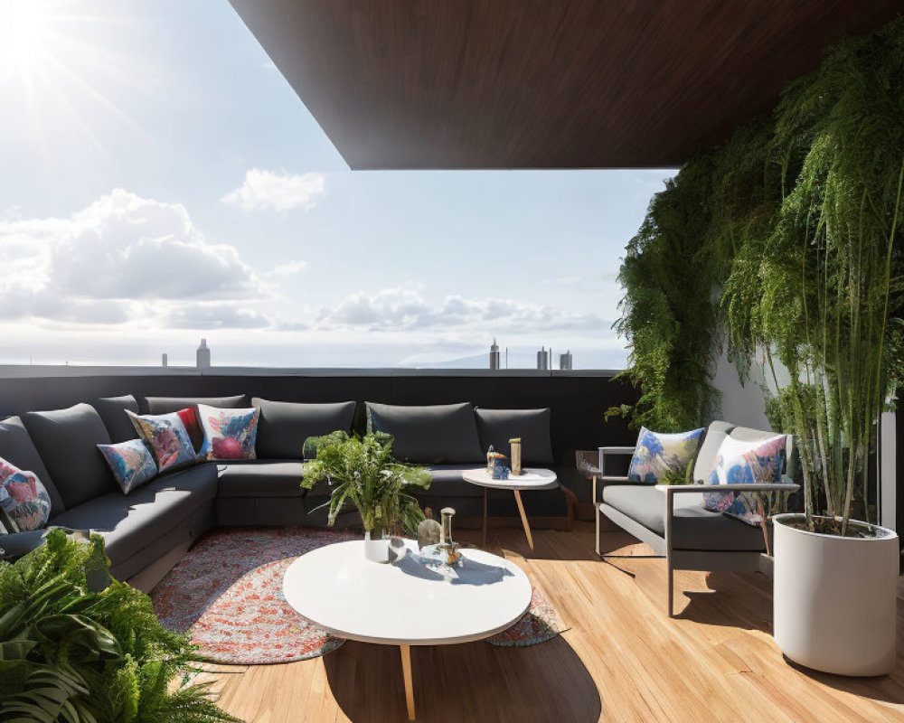 Modern balcony with wooden floor, L-shaped sofa, cushions, table, potted plants, sunny sky