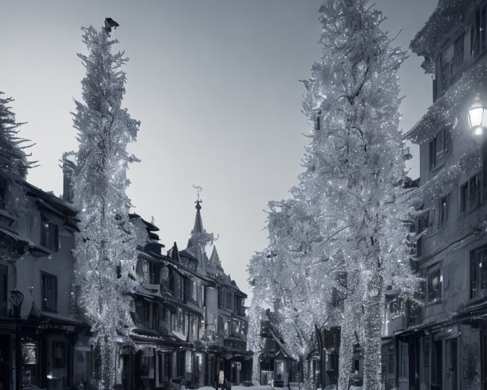 Monochrome image of quaint European street with vintage buildings and trees at dusk.