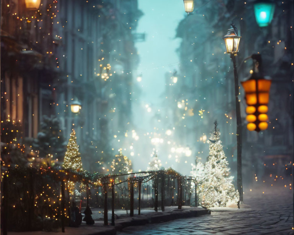City street with snowy evening scene and Christmas decorations