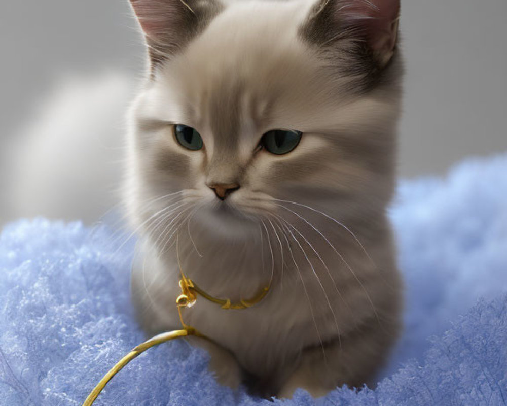 Fluffy white cat with blue eyes on blue furry surface