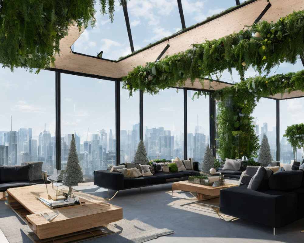 Bright Modern Living Room with City View & Indoor Plants