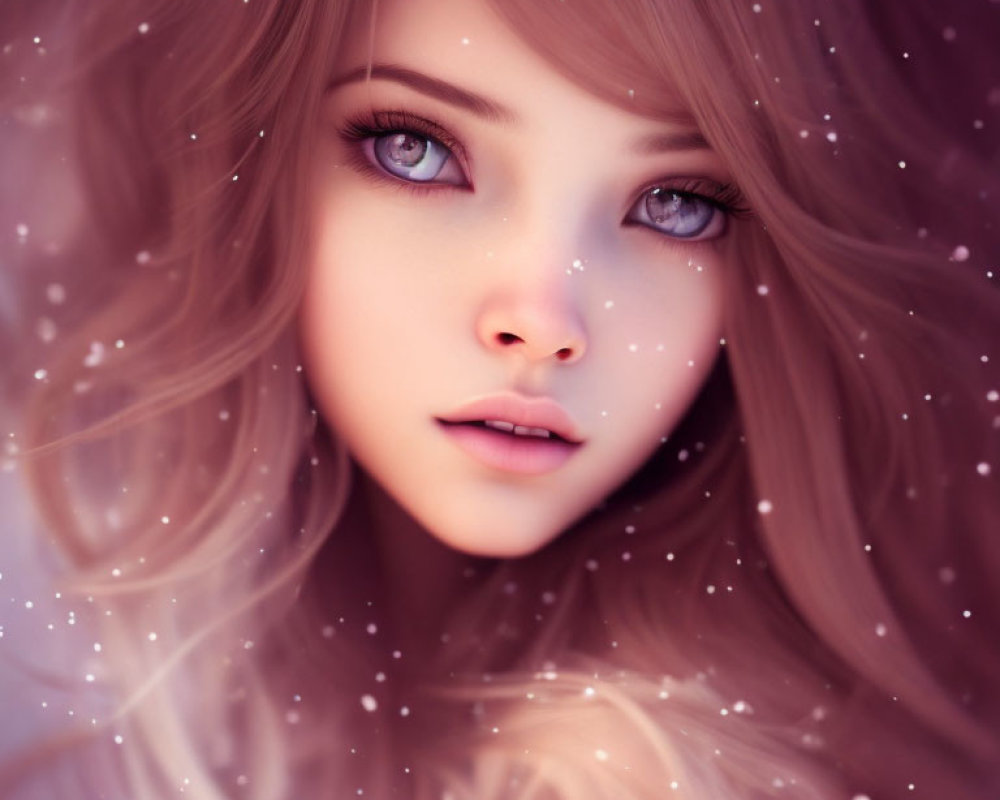 Digital Artwork: Girl with Blue Eyes, Wavy Hair, and Snowflakes