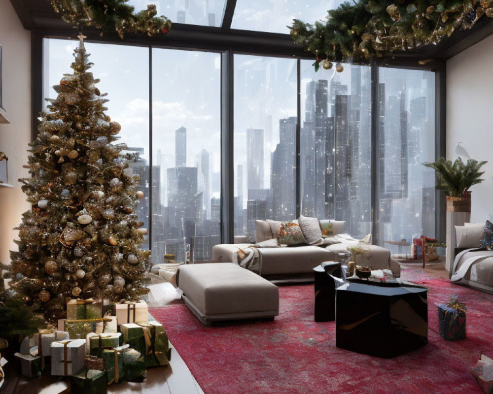 Modern Christmas living room with large tree and city view