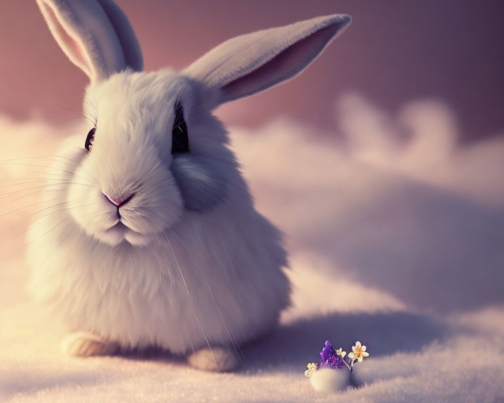 White fluffy rabbit with long ears on soft surface near delicate flowers in warm light