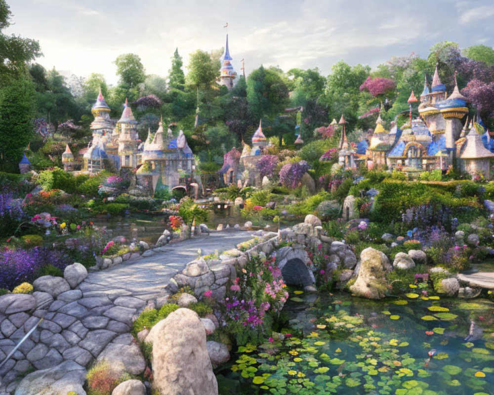 Enchanting fairytale landscape with castles, bridge, pond, greenery, and flowers