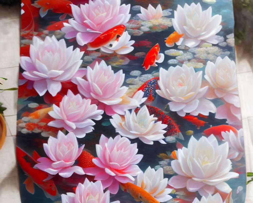 Colorful painting of pink water lilies and koi fish in a serene pond