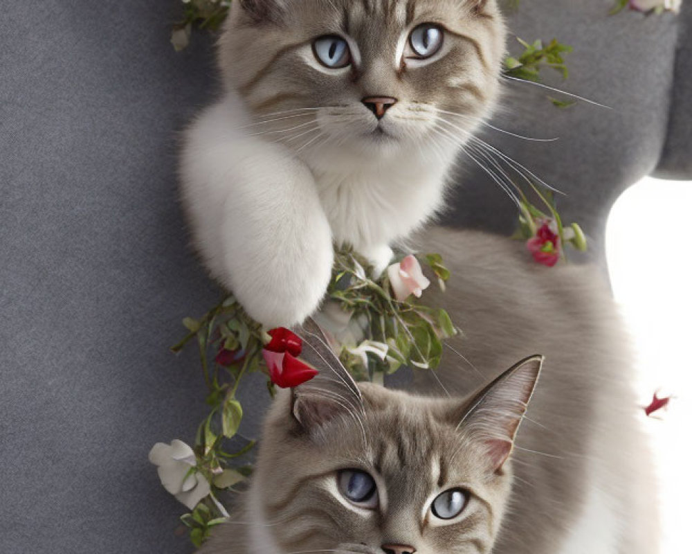 Siamese Cats with Blue Eyes Among White and Pink Roses