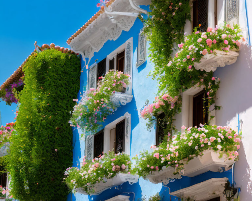 Blue building with green vines and pink flowers under blue sky