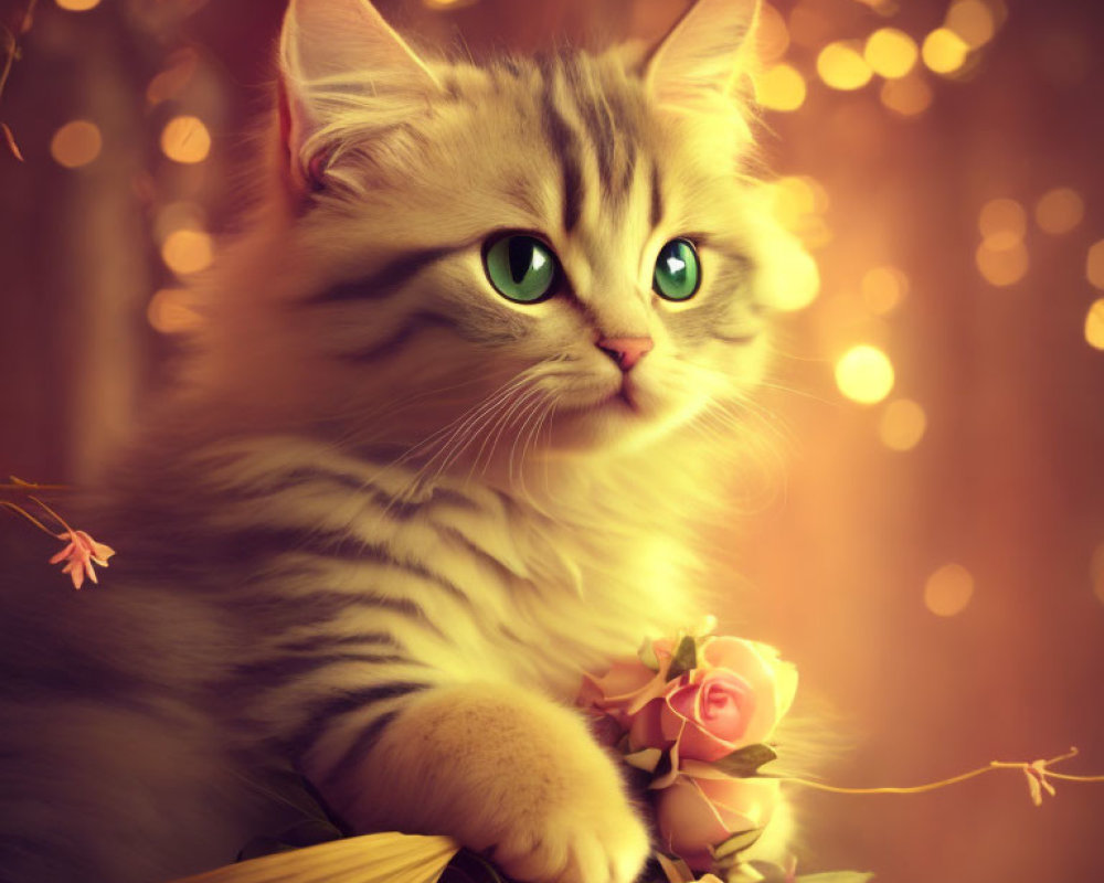 Fluffy Cat with Green Eyes Surrounded by Flowers and Warm Lights