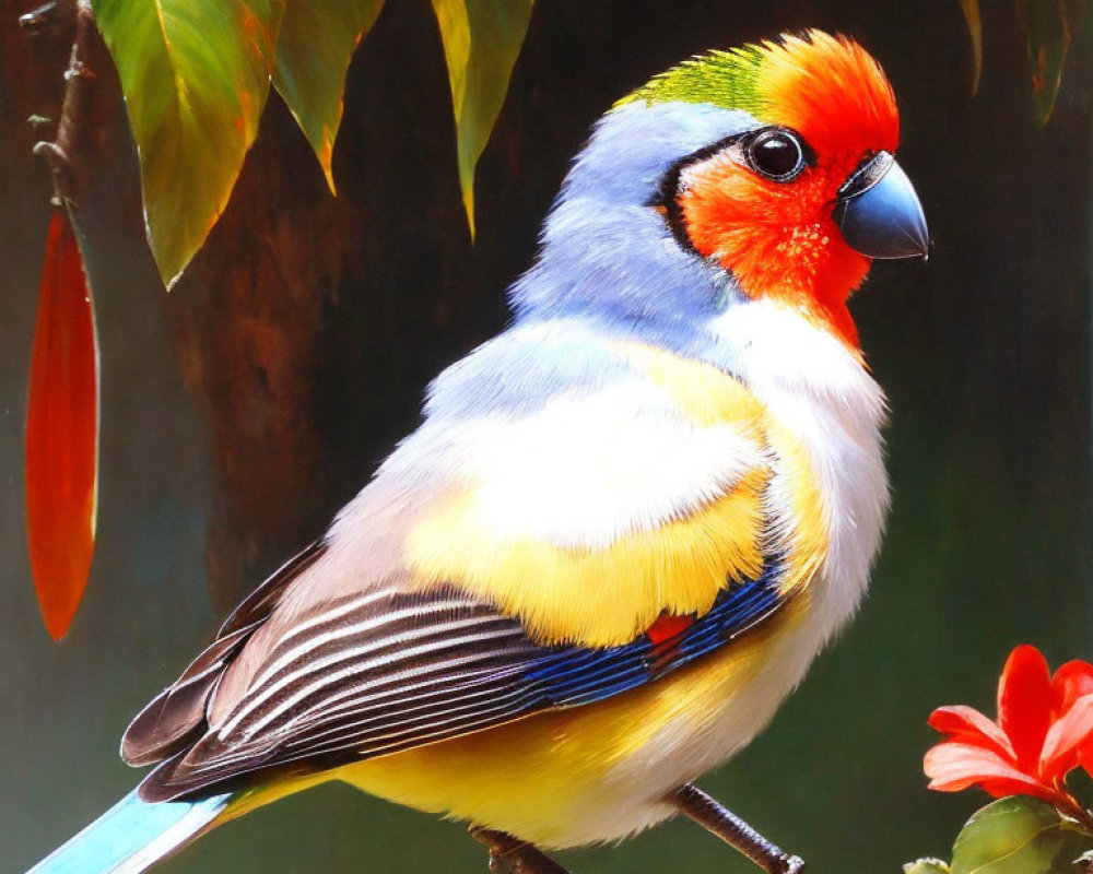 Vibrant colorful bird perched on branch with red head and blue wings