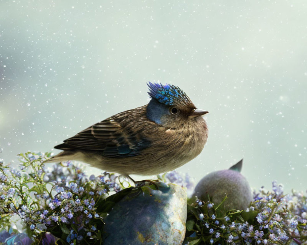 Blue-speckled bird perched on flowering plants under starry sky
