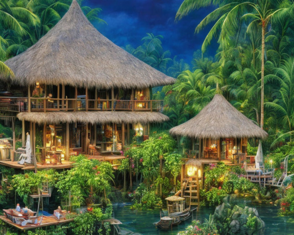 Tropical Resort with Thatched-Roof Buildings and Serene Waterside at Dusk