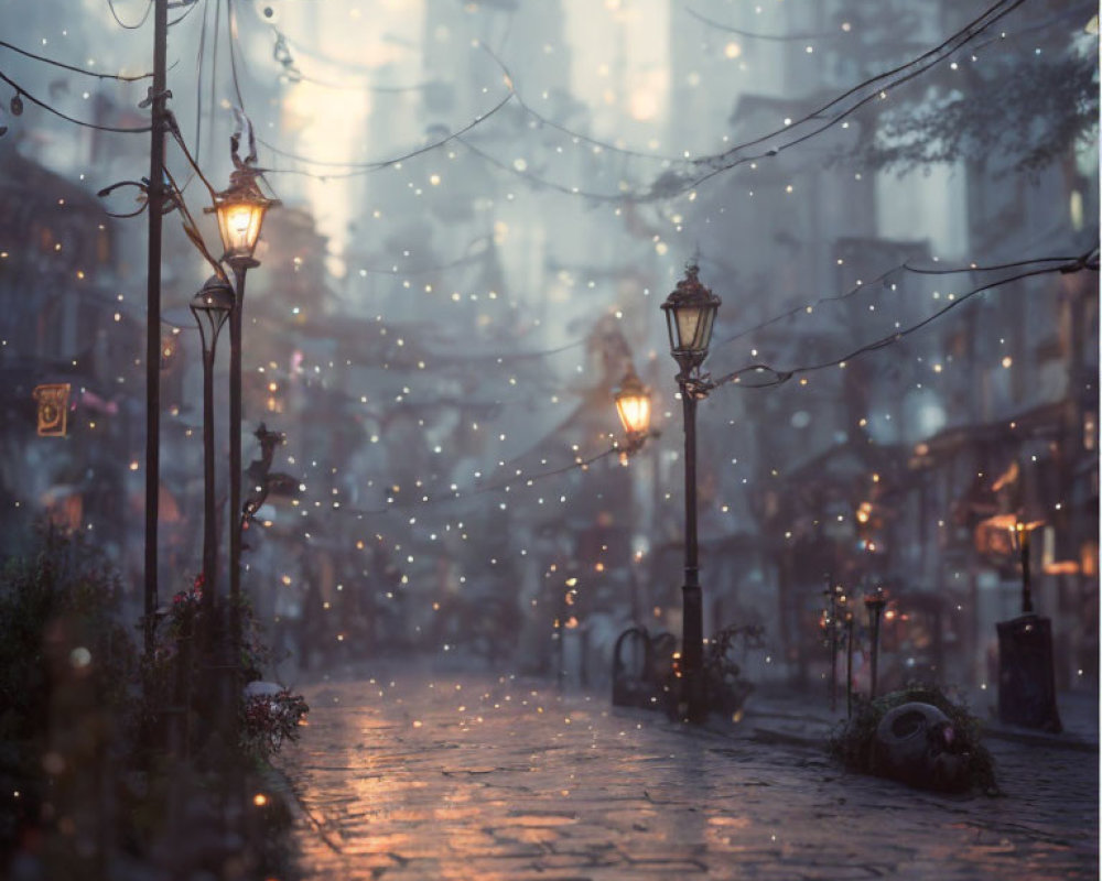 Vintage lamps illuminate rainy cobblestone street at dusk