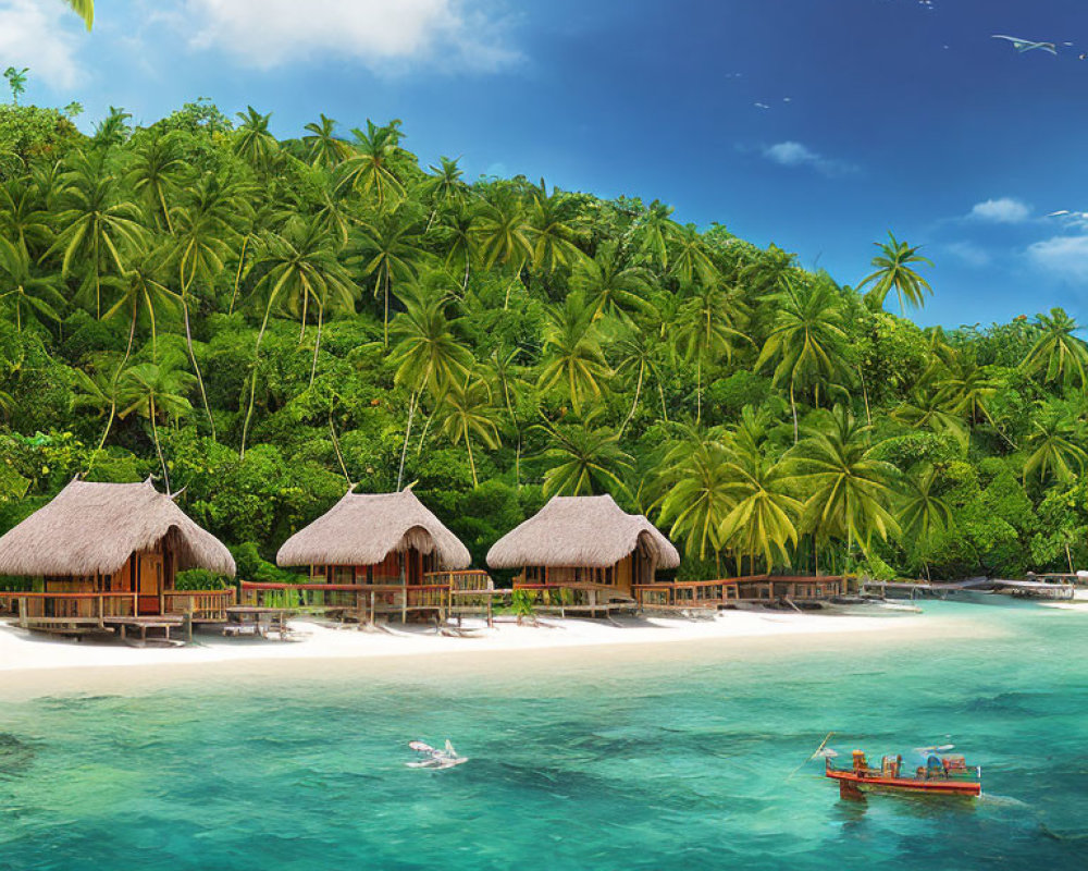 Tropical Beach Scene with Thatched Huts, Blue Water, Greenery, Boat, and Sn