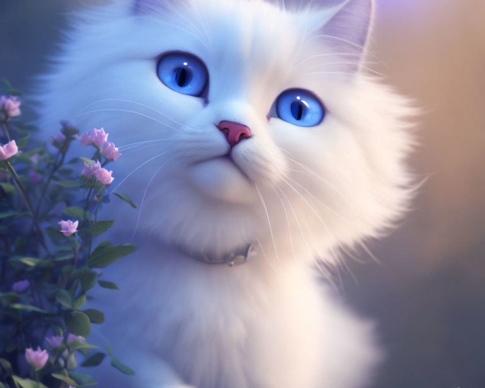 White Cat with Blue Eyes Surrounded by Purple Flowers in Soft Light