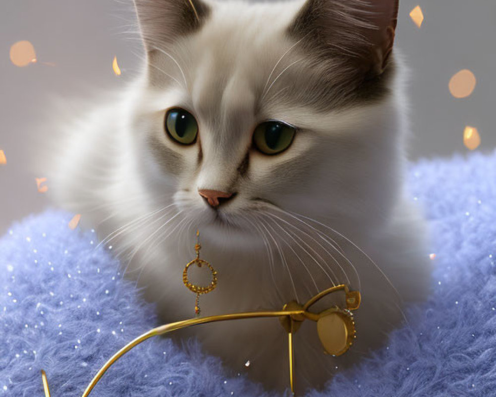 White Cat with Grey Ears Resting on Fluffy Blue Surface Near Golden-Framed Eyeg