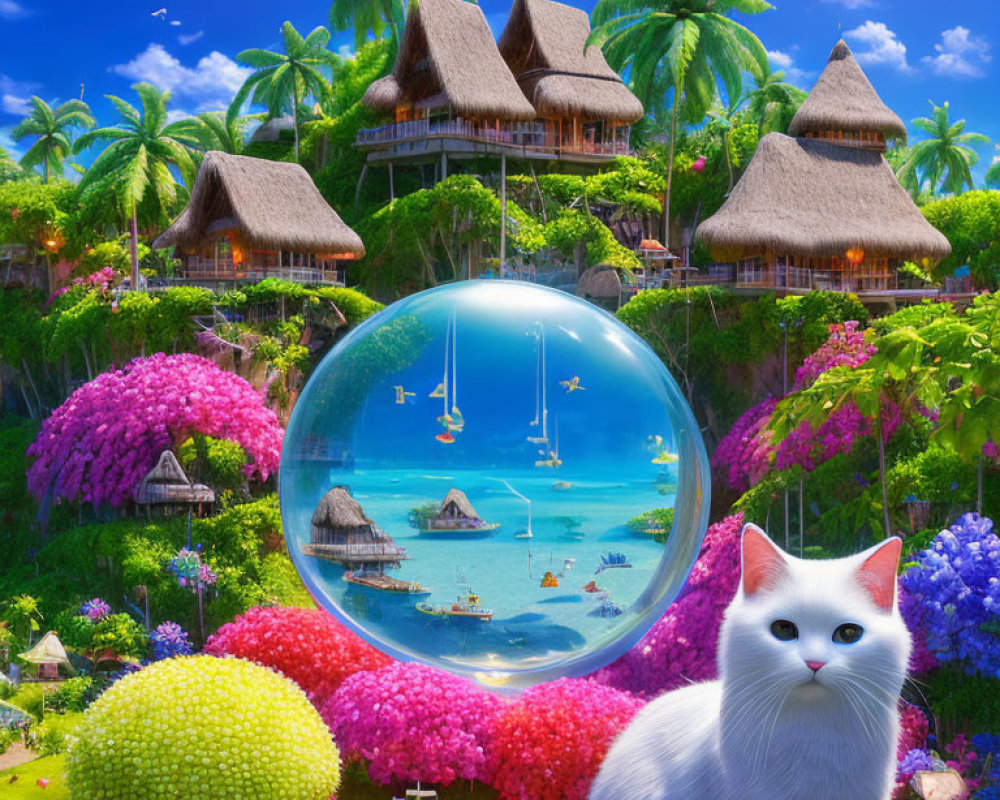 Colorful Beach Scene with White Cat and Crystal Ball in Thatched Huts Setting