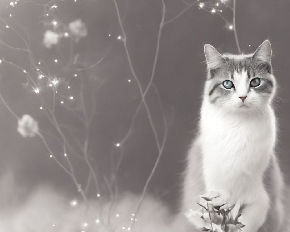 Grayscale sepia-toned image of a cat with blue eyes among roses and lights