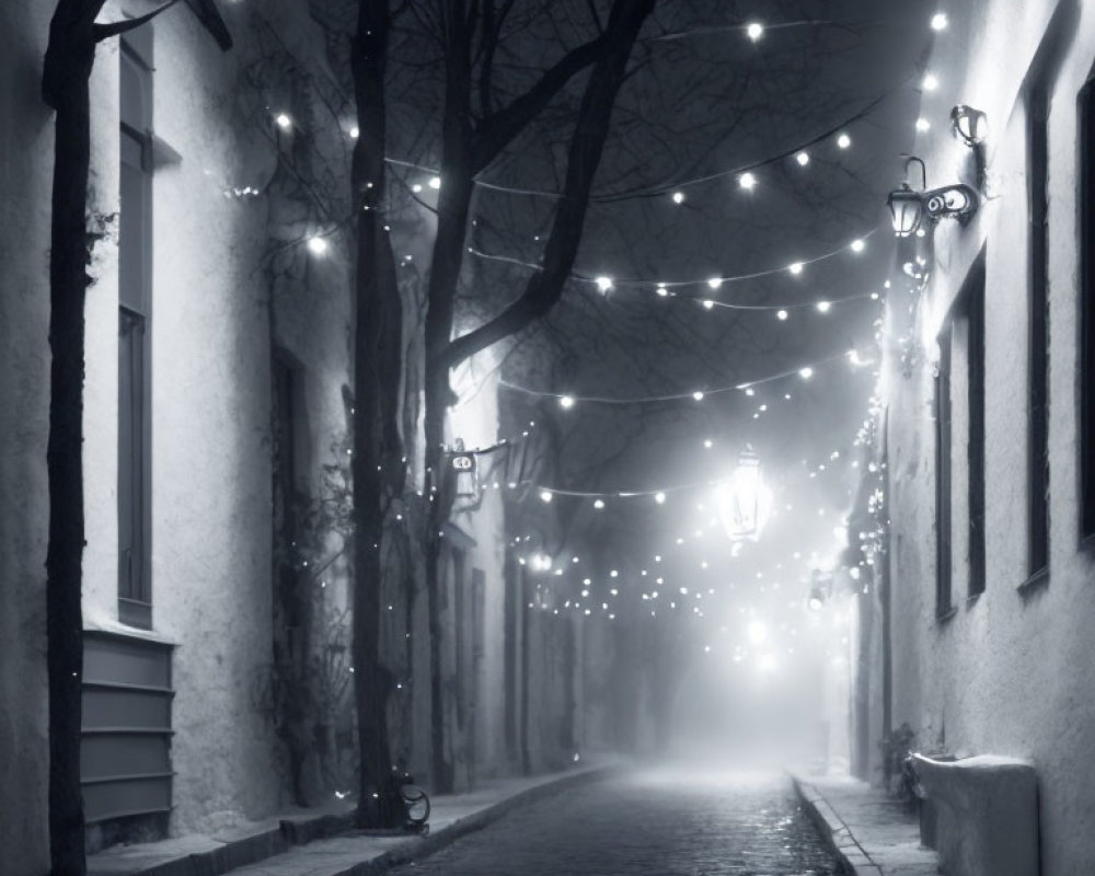 Foggy Night Alley with String Lights and Vintage Lamps