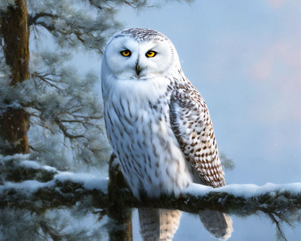Snowy Owl Perched on Snowy Branch in Pine Forest Setting