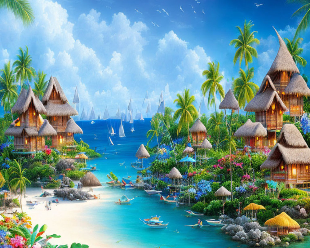 Vibrant tropical beach scene with thatched huts, boats, and sailboats