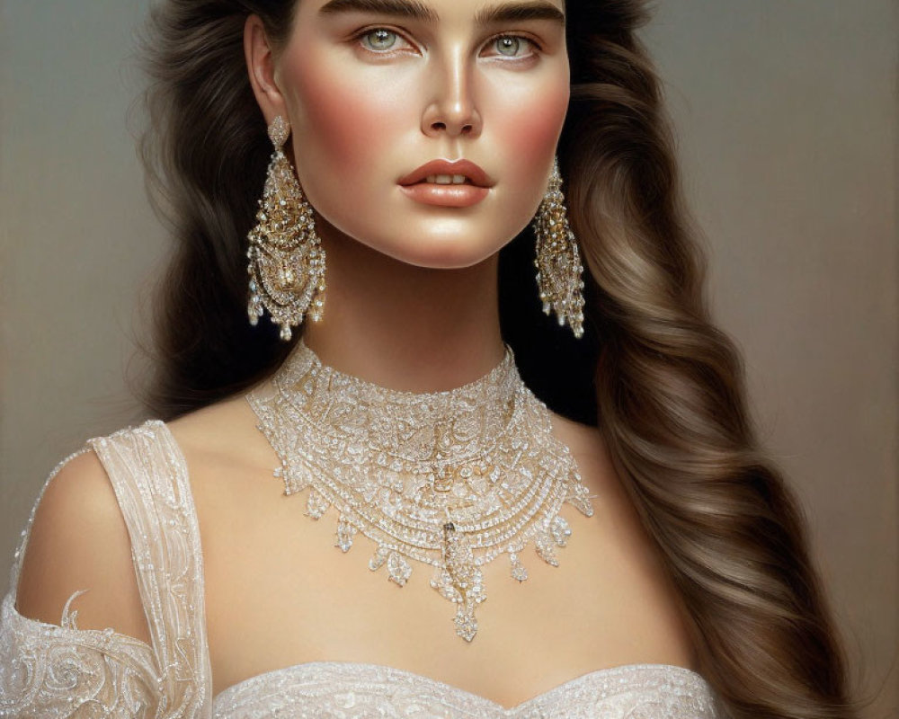 Digital artwork: Woman with flowing brown hair, blue eyes, earrings, choker necklace, off-the