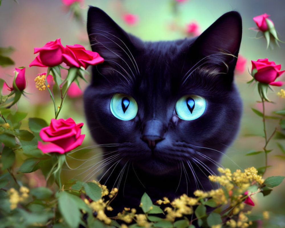 Black Cat with Blue Eyes Among Red and Yellow Flowers