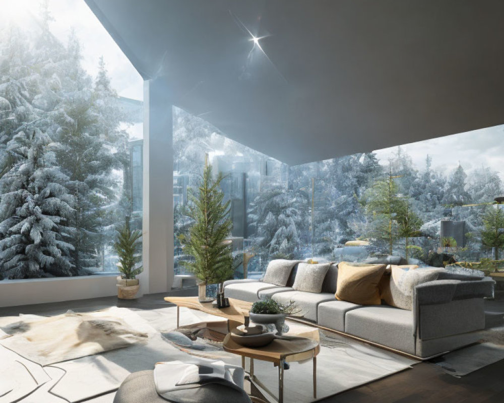 Spacious living room with large windows overlooking snowy forest