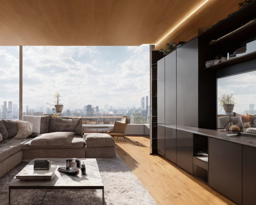 Contemporary living room with cityscape views, grey sofas, wooden accents, and stylish décor.