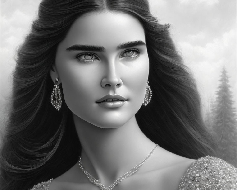 Detailed monochrome portrait of a woman with intense gaze and prominent eyebrows, adorned with sparkling earrings and necklace