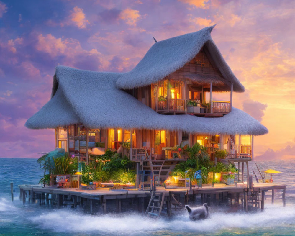 Thatched-Roof Villa Over Turquoise Waters at Sunset